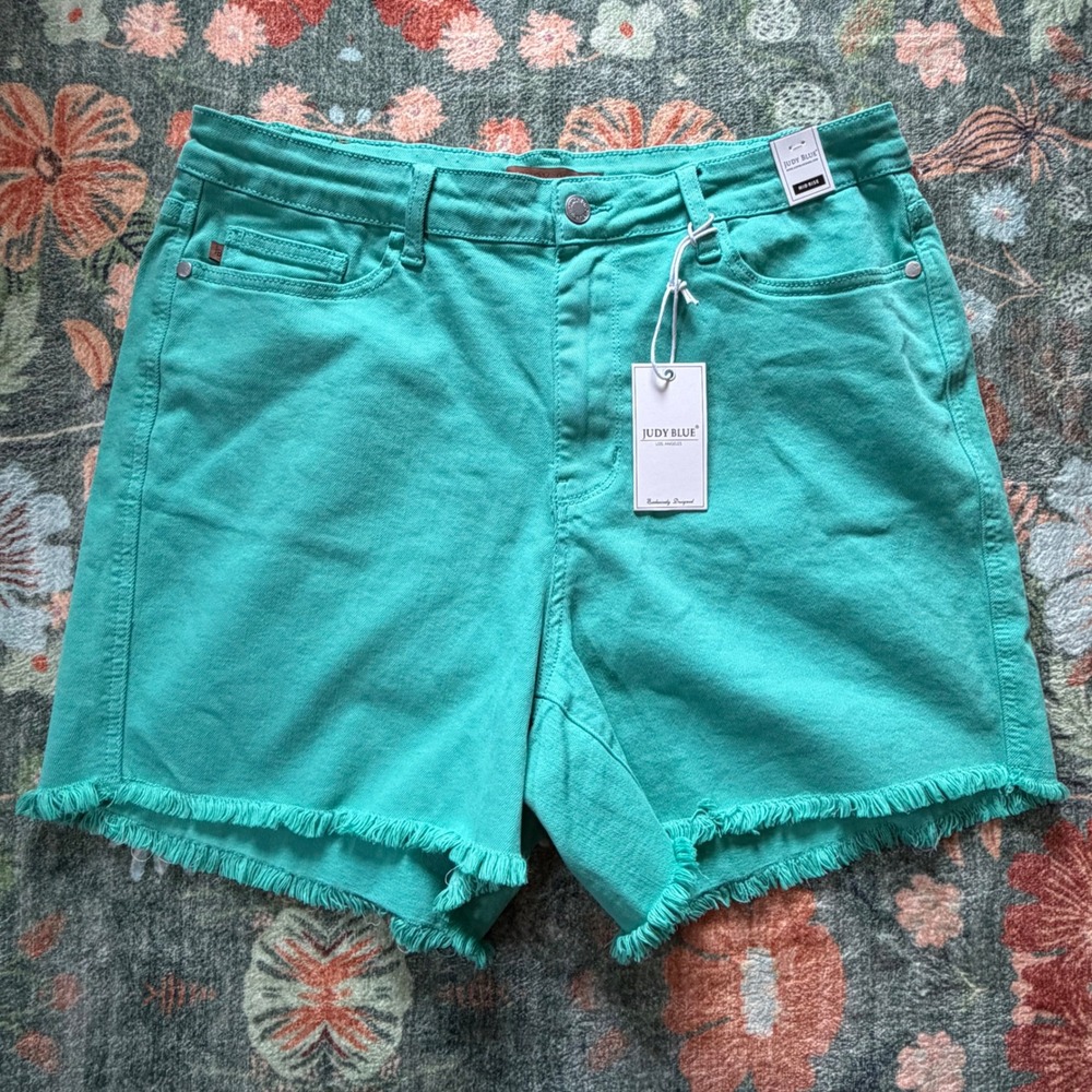 Judy Blue Aquamarine Mid Rise Frayed Hem Denim Shorts JB150281 C-CO 2XL